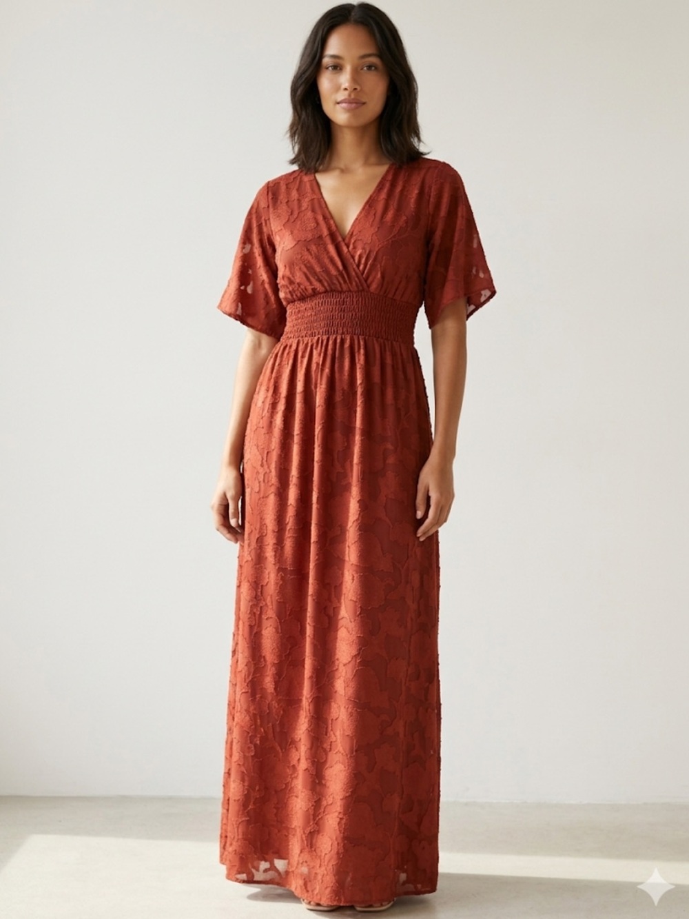 Boho Romantic Terracotta Maxi Dress Cottagecore Flutter Sleeve Wedding Dress